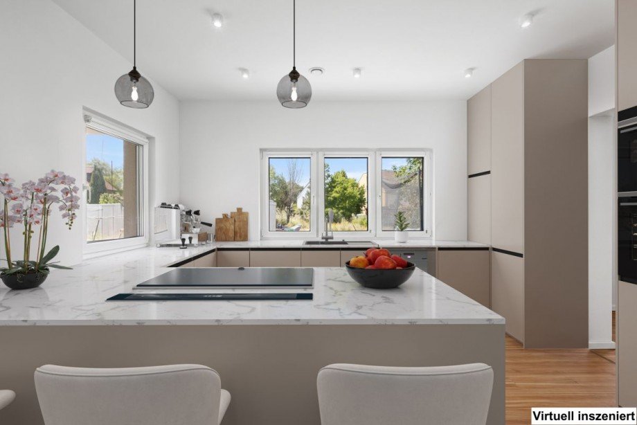 Inspiration: Designk�che mit klaren Linien und offenem Raumgef�hl (Visualisierung) Einfamilienhaus Grafenw�hr